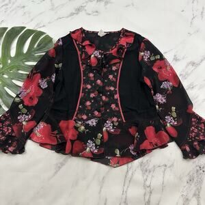 Tommy Loulou Womens Vintage Y2k Ruffle Top Size M Black Red Mixed Floral